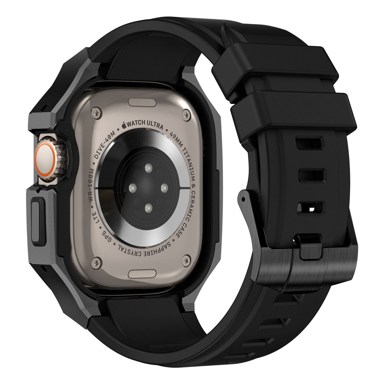 For Apple Watch Ultra 2 Ultra 49mm Soft Fluororubber Strap with Stainless Steel Wristwatch Case - Black For Apple Watch Ultra 2 Ultra 49mm Soft Fluororubber Strap with Stainless Steel Wristwatch Case - Black